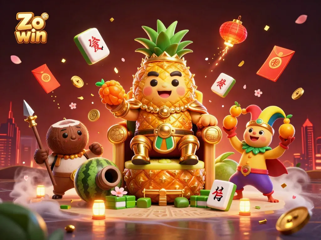 Engage with Zo win, where the golden pineapple king reigns in a vibrant beach casino, surrounded by festive elements.
