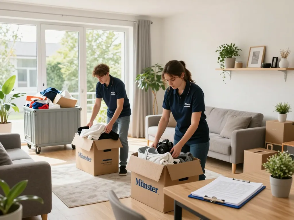 Entrümpelung schnell & sauber in Münster durch ein professionelles Team, das Gegenstände in einem hellen Wohnzimmer sortiert.