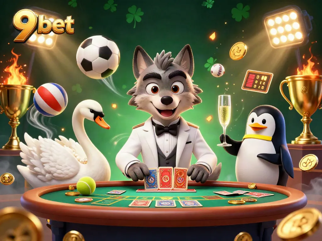 Experience the thrilling atmosphere at 9 bet with animated characters, lively sports elements, and vibrant casino action.