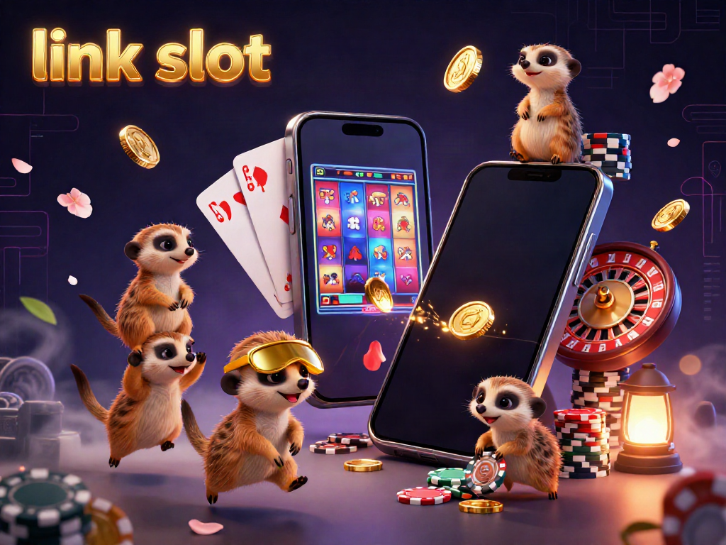 Meerkats engaging in a festive casino operation, showcasing the link slot theme with vibrant elements.