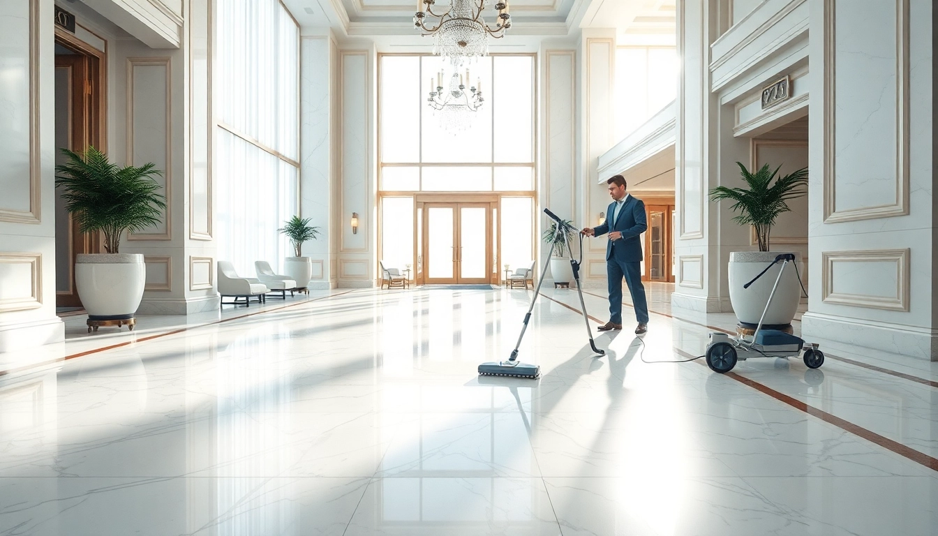 Effiziente hotelreinigung in einem eleganten Hotel-Lobby mit einem aufgeräumten Ambiente.