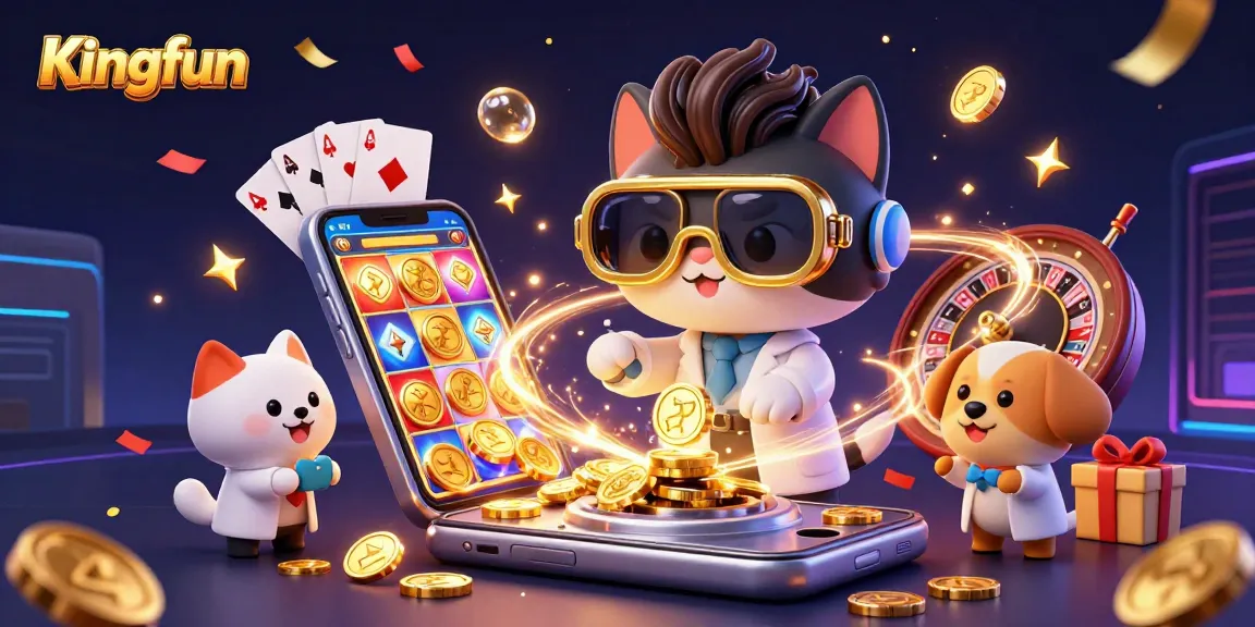 Experience Kingfun's thrilling slots with a lively mad scientist cat amidst gold coins and excitement.