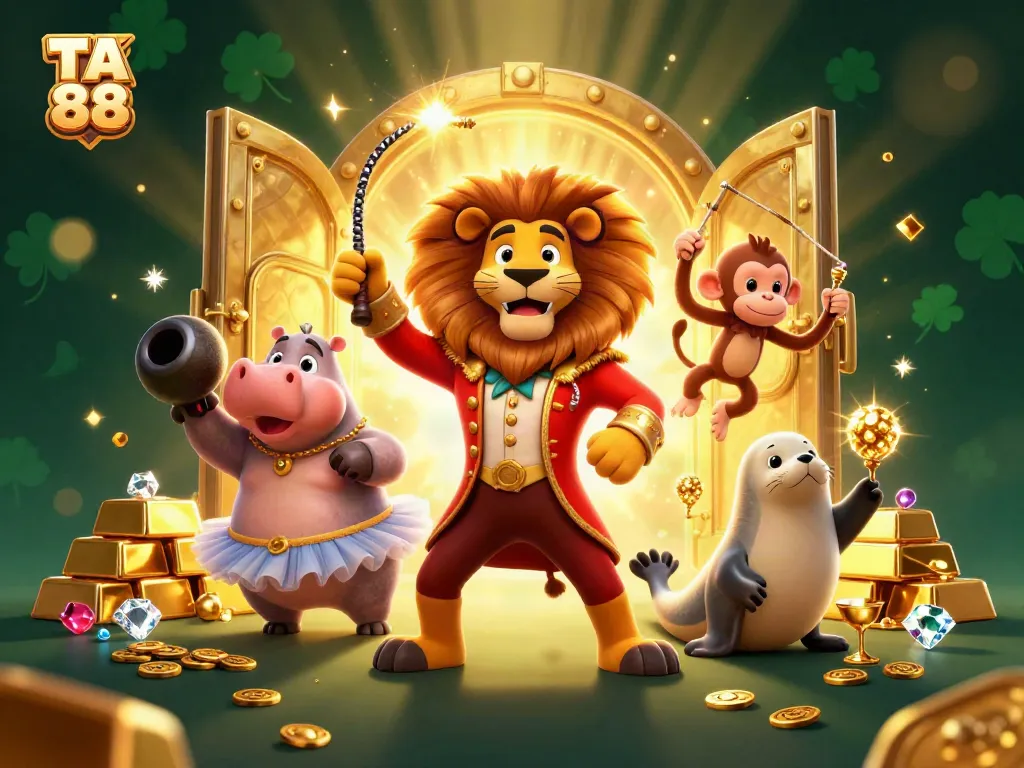 Engage with TA 88's thrilling games, featuring a vibrant circus scene of lively characters celebrating victory.