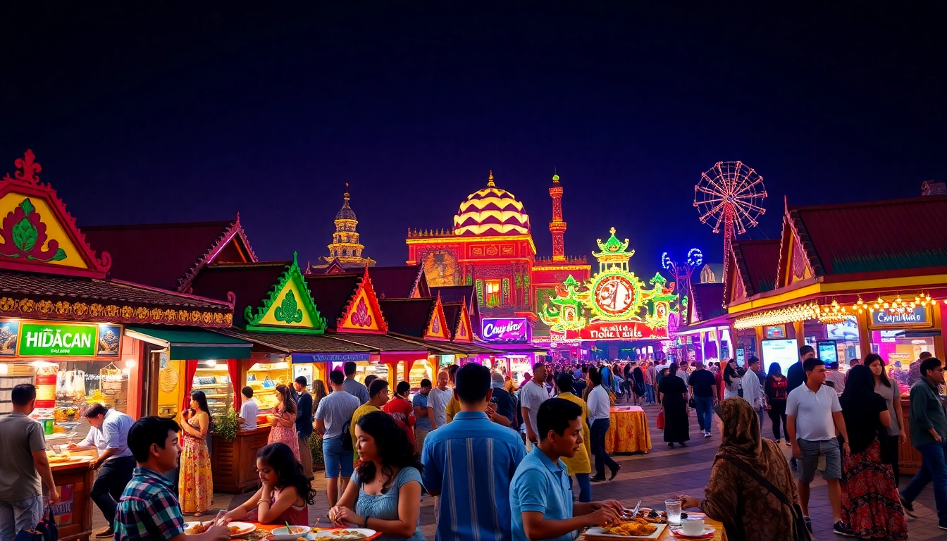 Besucher genießen das Global Village Dubai mit kulturellen Attraktionen und Einkaufsmöglichkeiten im Hintergrund.