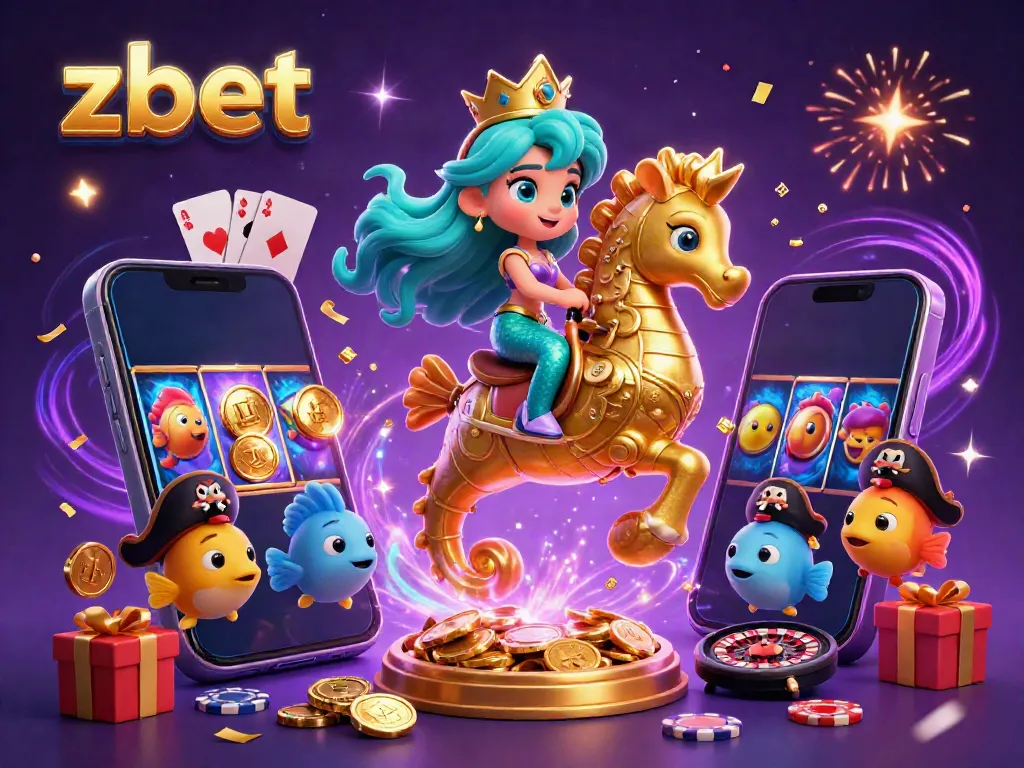 Experience the thrill of zbet with a festive 3D scene including a mermaid, seahorse, and gaming elements.