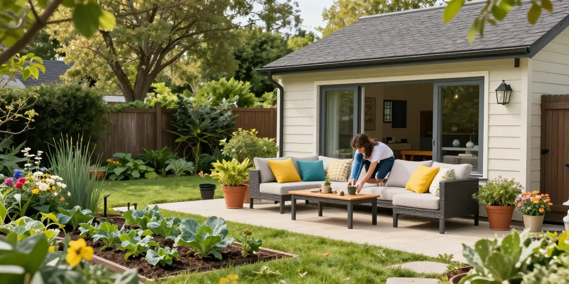 Ein gemütliches Garten Haus mit einladender Sitzecke im Garten, ideal für entspannte Nachmittage.