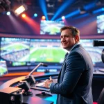 Engaging scene of sports broadcasting with a sportscaster in a vibrant studio filled with highlights.