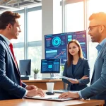 Headhunter IT interacting with candidates in a modern office, showcasing tech recruitment