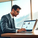 Headhunter Schweiz in einem modernen Büro, analysiert Lebensläufe auf Laptop.