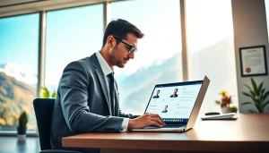 Headhunter Schweiz in einem modernen Büro, analysiert Lebensläufe auf Laptop.