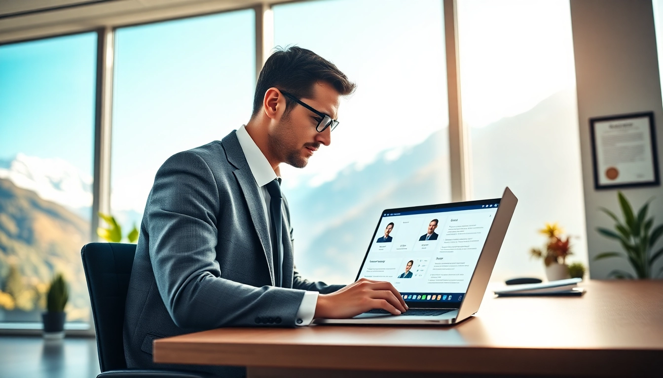 Headhunter Schweiz in einem modernen Büro, analysiert Lebensläufe auf Laptop.