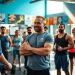 Veranschaulichen Sie testo vorher nachher Transformationen in einem inspirierenden Fitnessstudio mit einem Trainer und Teilnehmern.