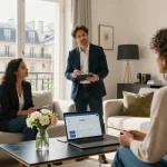 Airbnb management in Paris, dynamic scene with property manager consulting homeowner in stylish apartment