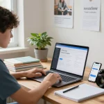 Student, der Hausaufgaben KI auf einem Laptop in einem hellen Lernzimmer verwendet, umgeben von Lernmaterialien.