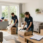 Entrümpelung schnell & sauber in Münster durch ein professionelles Team, das Gegenstände in einem hellen Wohnzimmer sortiert.