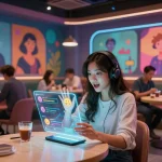Character AI NSFW interaction in a vibrant virtual café setting with engaging animated avatars.