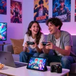 Engaging couple playing sexgames together on a cozy couch with vibrant lighting.