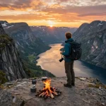 Urlauber erleben ihren Urlaub in Skandinavien und stehen auf einer Klippe mit Blick auf die atemberaubenden norwegischen Fjorde bei Sonnenuntergang.