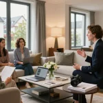 Immobilienmakler Frankfurt Dornbusch präsentiert ein eingerichtetes Wohnzimmer potenziellen Käufern und betont den urbanen Charme sowie den professionellen Immobilienservice.