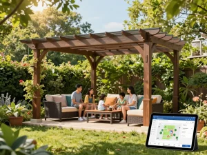 3D-Pergola-Szene, die eine Familie zeigt, die das Leben auf der Terrasse genießt, und das innovative Erlebnis des Pergola 3D-Konfigurators veranschaulicht.