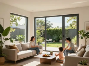 Stilvolles Wohnzimmer mit Fenster Schüco Fenstern, die Energieeffizienz und modernes Design präsentieren.