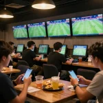 Engaging in kèo bóng đá trực tuyến at a lively sports betting lounge with screens showing live matches and enthusiastic fans.