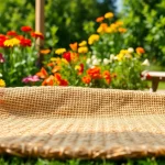 Hanfmatte in einem wunderschönen Garten mit blühenden Pflanzen und natürlichem Licht.