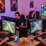 Group of friends enjoying online games at https://gemwin.pics/ in a vibrant gaming setup with modern devices.