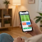 Cakhiatv user engaging in live sports betting on smartphone, showcasing a soccer game interface amidst a cozy home setting.