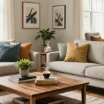 Modernes Wohnzimmer mit stilvollen Möbeln für Möbel kaufen, helles Tageslicht und gemütliche Dekorationselemente.