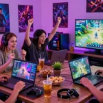 Engaged group gaming at https://b52club.radio.fm/ with mobile devices and laptops in vibrant setting.