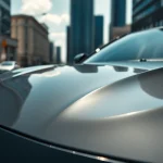 Schutz der Frontschutzfolie gegen Steinschläge auf einem glänzenden Auto in urbaner Umgebung