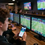 Engaging in a real-time F8 bet sports betting session with multiple screens and vibrant atmosphere.