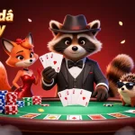 Kèo bóng đá hôm nay themed vibrant scene showing raccoon gentleman and companions around a lively poker table.