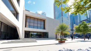 Architekturvisualisierung eines modernen Gebäudes in urbanem Umfeld mit natürlichen Lichtakzenten.