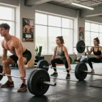 Anabolika Shop: Bodybuilder beim Training mit Gewichten in modernem Fitnessstudio, motivierende Atmosphäre, Energie und Engagement.