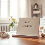 Baby-Tagebuch mit liebevollem Design auf einem Tisch in einem gemütlichen Kinderzimmer