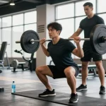 Engagierter Sportler im Astera Shop Fitnessstudio bei der Ausführung eines Kniebeugens mit Gewichten.