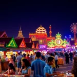 Besucher genießen das Global Village Dubai mit kulturellen Attraktionen und Einkaufsmöglichkeiten im Hintergrund.