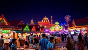 Besucher genießen das Global Village Dubai mit kulturellen Attraktionen und Einkaufsmöglichkeiten im Hintergrund.