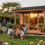 Gemütliches Gartenhaus im Freien mit blühenden Pflanzen und einer Familie bei der vorbereitenden Arbeit an der Terrasse - Gartenhäuser von McGarden24