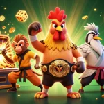Tải Sunwin features a dynamic cartoon scene with a Muay Thai rooster and Shaolin monkey amidst a slot machine explosion, highlighting exciting gaming action.