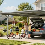 Moderne Carport-Szene mit Familie, die Autos entlädt, während Kinder mit Fahrrädern spielen.