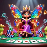 Engage with 6789bet players as a vibrant butterfly queen presides over a lively poker scene.