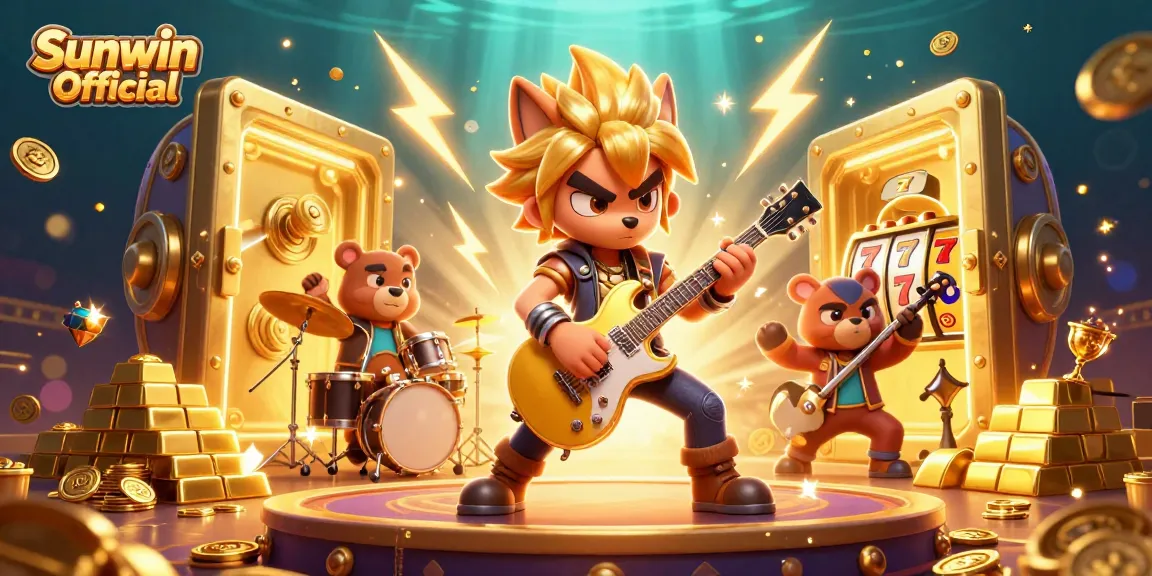 Players enjoy the vibrant Sunwin Official casino scene with animated characters and gold treasures.