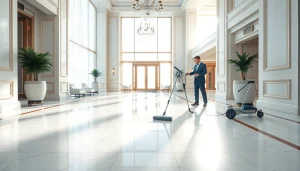 Effiziente hotelreinigung in einem eleganten Hotel-Lobby mit einem aufgeräumten Ambiente.