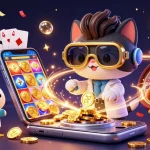 Experience Kingfun's thrilling slots with a lively mad scientist cat amidst gold coins and excitement.