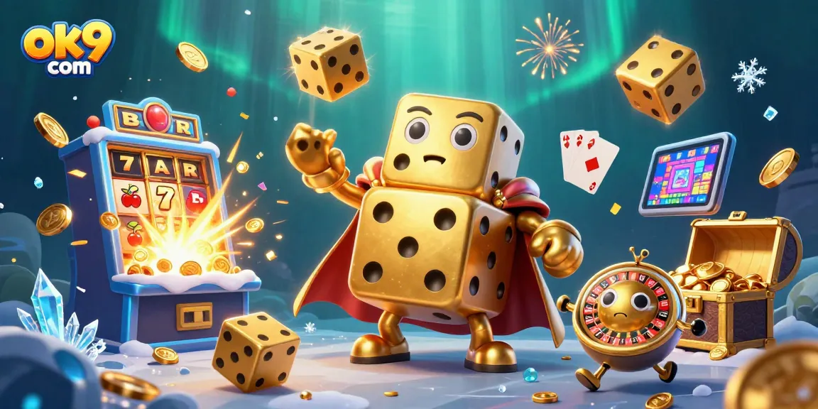 Engage with thrilling casino action on ok9 com featuring a lively 3D illustration of a golden dice golem.