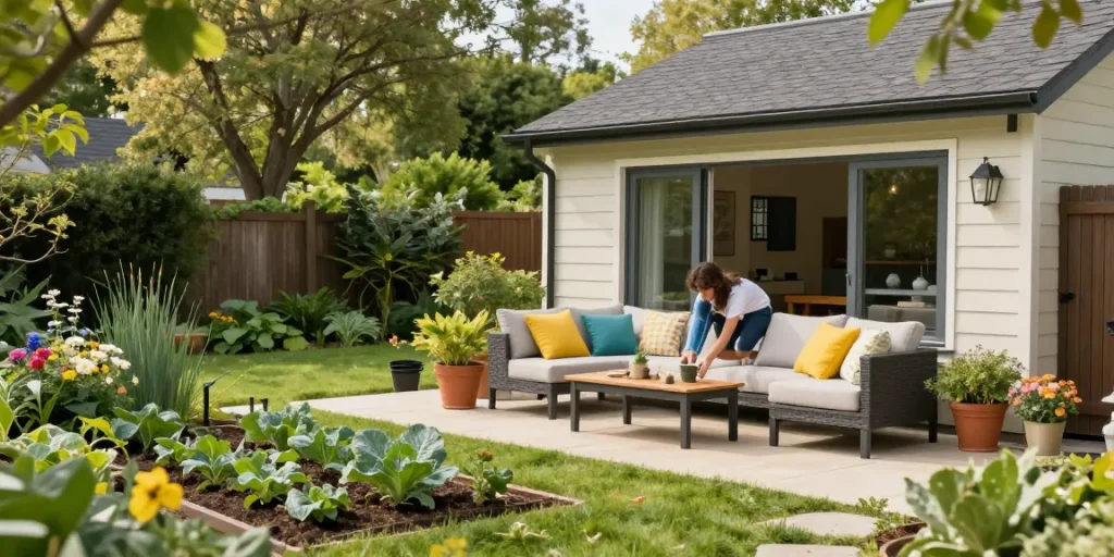Ein gemütliches Garten Haus mit einladender Sitzecke im Garten, ideal für entspannte Nachmittage.