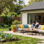 Ein gemütliches Garten Haus mit einladender Sitzecke im Garten, ideal für entspannte Nachmittage.